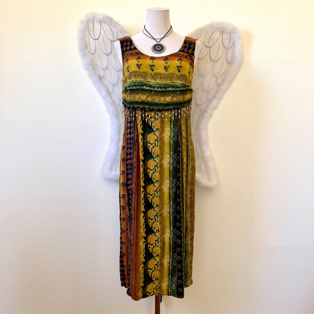 Earthy‎ Boho Indie Grunge Tapestry Stripe Midi Dress Green Rust Tank Beaded 90s